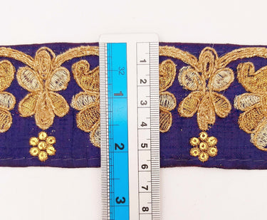 Navy Blue Art Silk Trim In Gold Floral Embroidery, Gold Embroidered Flowers Border, Floral Trim